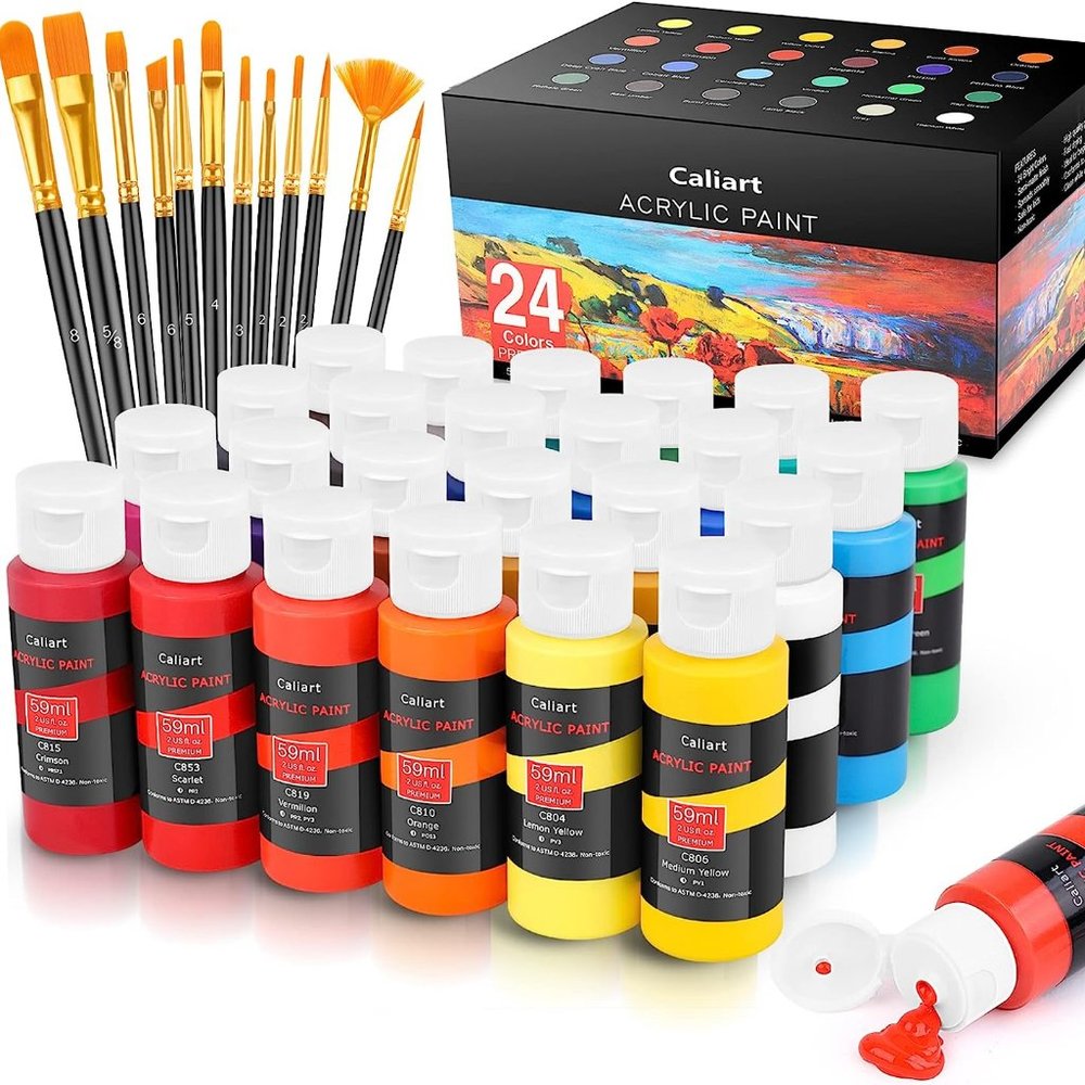 NEW 24 Caliart Acrylic Paint Set colors (59ml, 2oz) Art Craft Paints 12 brushes